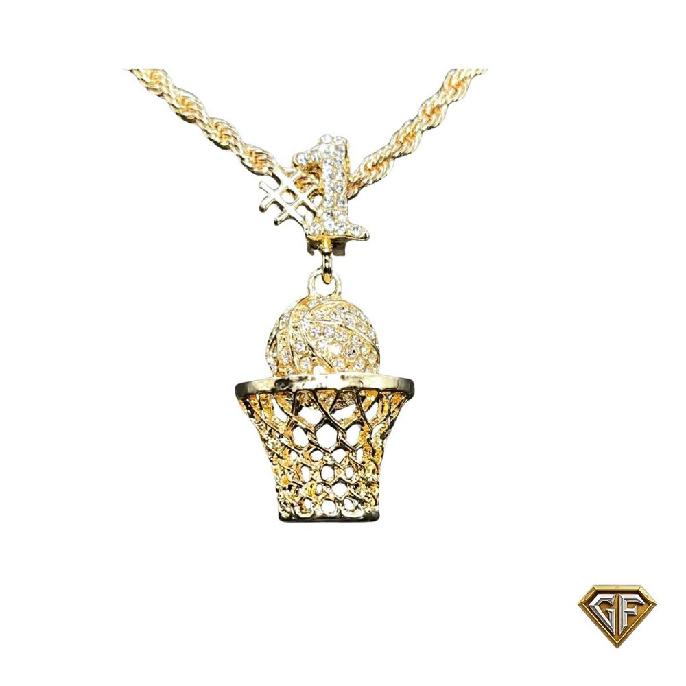 Gold custom number 1 bale Basketball Rim Pendant and Necklace, Ball pendant